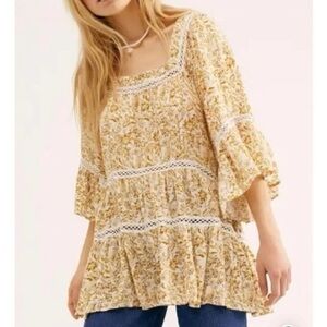 Free People Talk About It Yellow Floral Tunic with Lace
